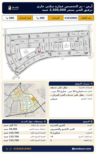 أرض - تم التخصيص 400 م² عمارة سكني — مدينة العبور الجديدة، الحي التاسع والعشرون، مجاورة 5 — صورة العرض — 2