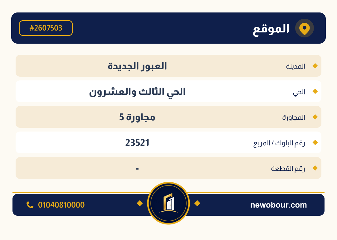 أرض - تم التخصيص عمارة سكني — مدينة العبور الجديدة، الحي الثالث والعشرون، مجاورة 5 — بطاقة الإعلان — 4