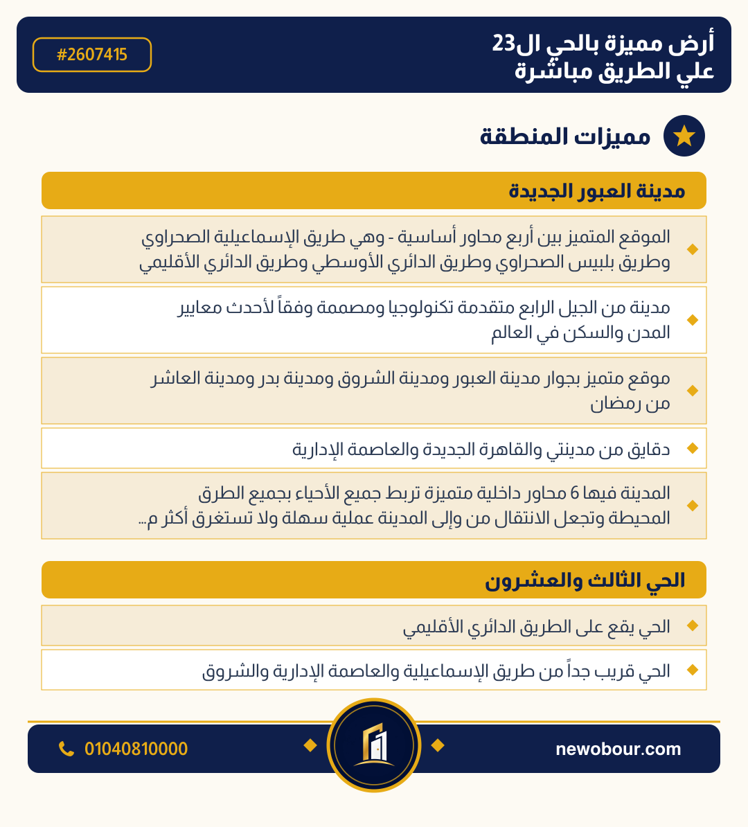 أرض - تم التخصيص عمارة سكني — مدينة العبور الجديدة، الحي الثالث والعشرون، مجاورة 6 — مميزات المنطقة — 3
