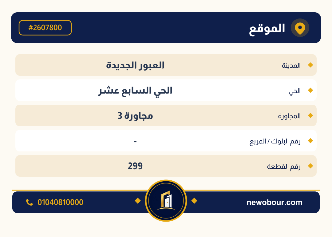 أرض - تم التخصيص عمارة سكني — مدينة العبور الجديدة، الحي السابع عشر، مجاورة 3 — بطاقة الإعلان — 4