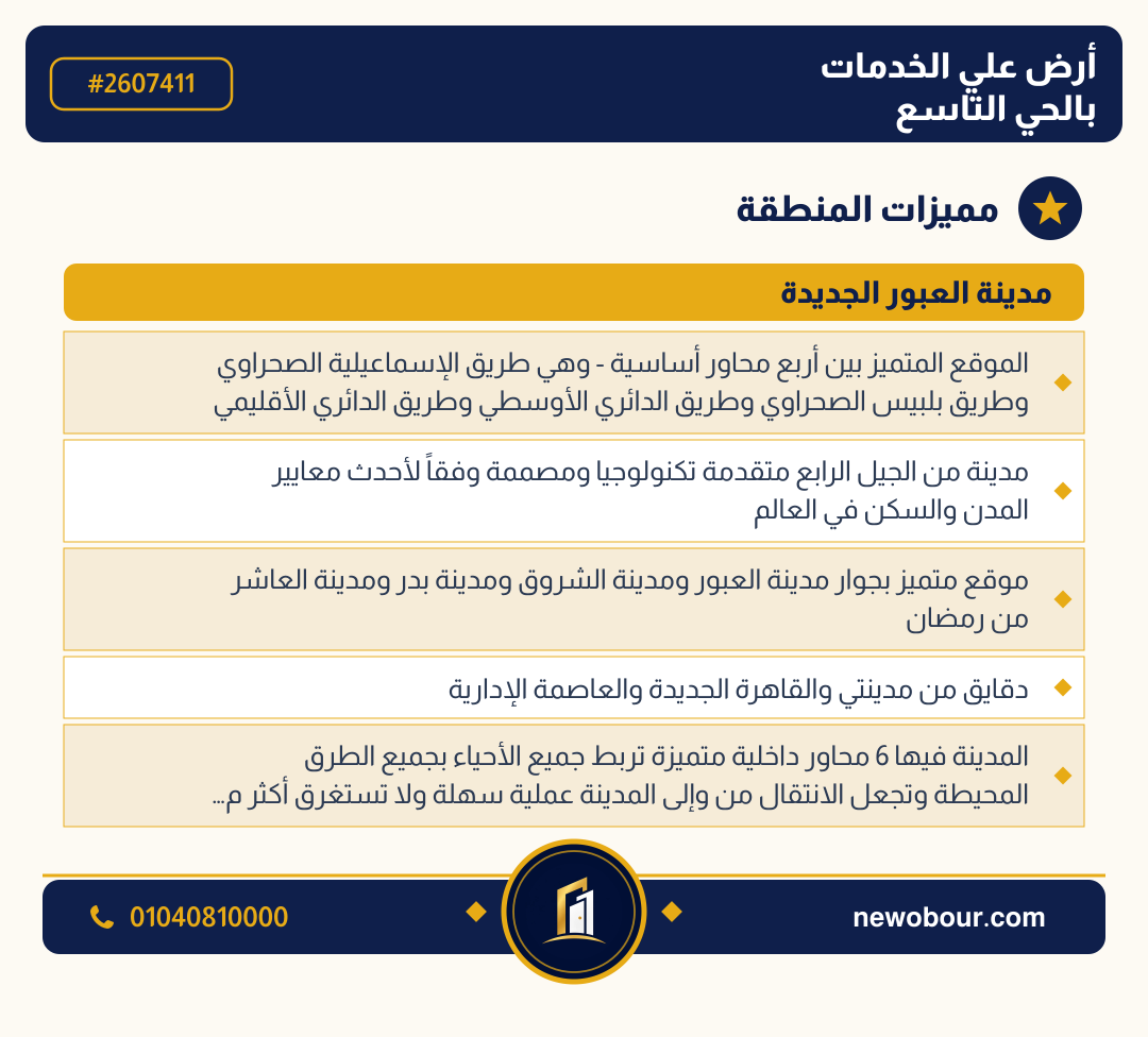 أرض - تم التخصيص عمارة سكني — مدينة العبور الجديدة، الحي التاسع، مجاورة 2 — مميزات المنطقة — 3