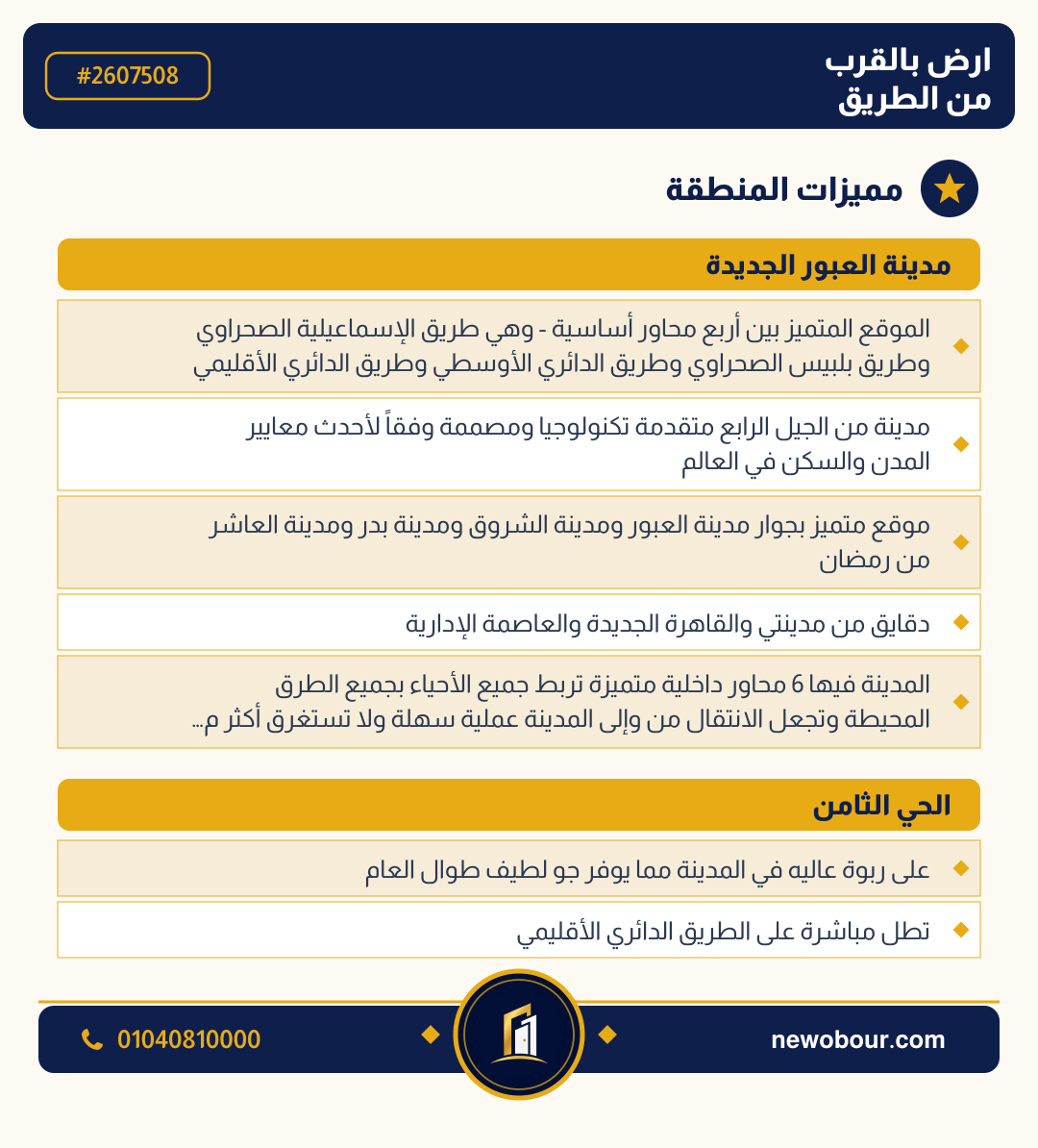 أرض - تم التخصيص عمارة سكني — مدينة العبور الجديدة، الحي الثامن، المجاورة 5 — مميزات المنطقة — 3