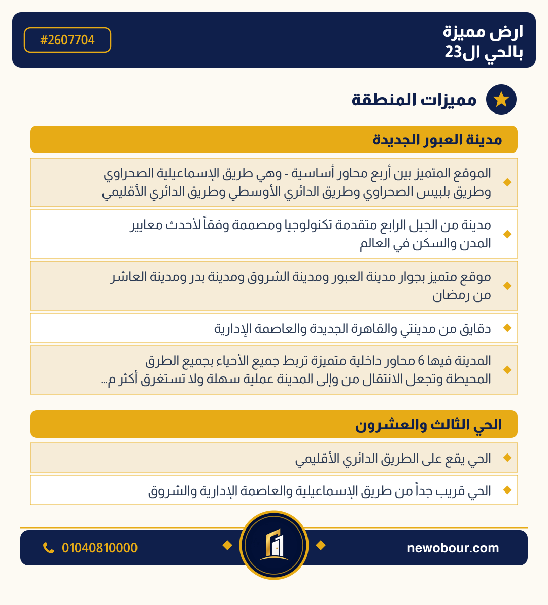 أرض - تم التخصيص عمارة سكني — مدينة العبور الجديدة، الحي الثالث والعشرون، مجاورة 6 — مميزات المنطقة — 3