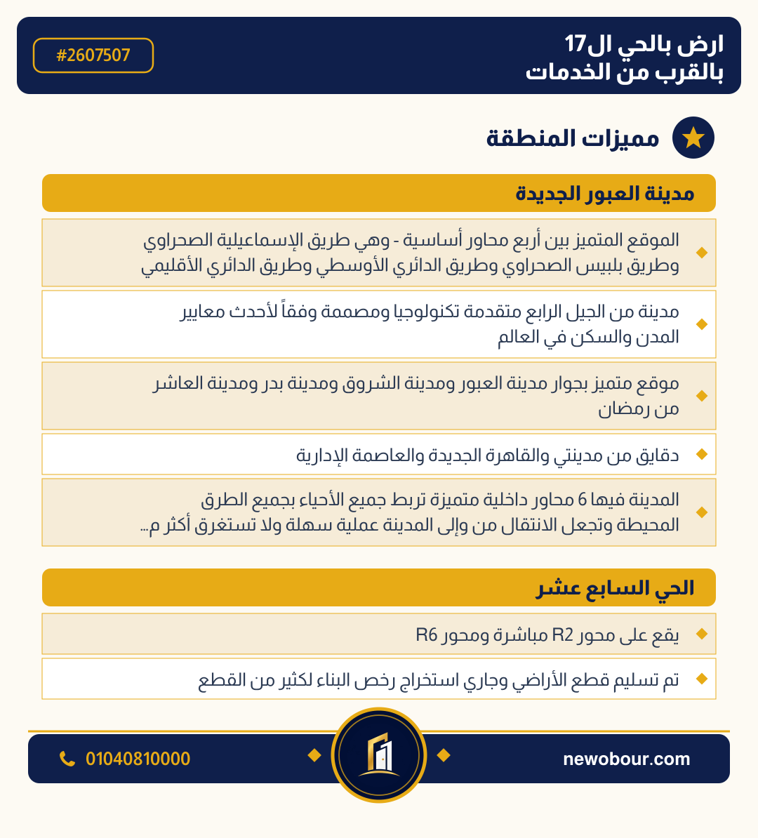 أرض - تم التخصيص عمارة سكني — مدينة العبور الجديدة، الحي السابع عشر، مجاورة 10 — مميزات المنطقة — 3
