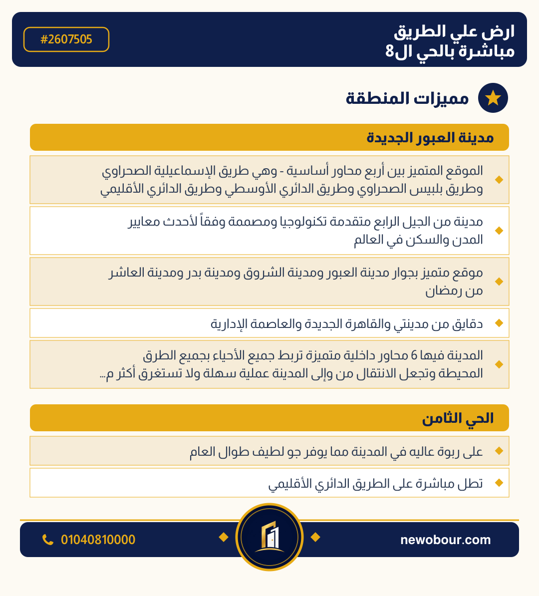 أرض - تم التخصيص عمارة سكني — مدينة العبور الجديدة، الحي الثامن، مجاورة 6 — مميزات المنطقة — 3