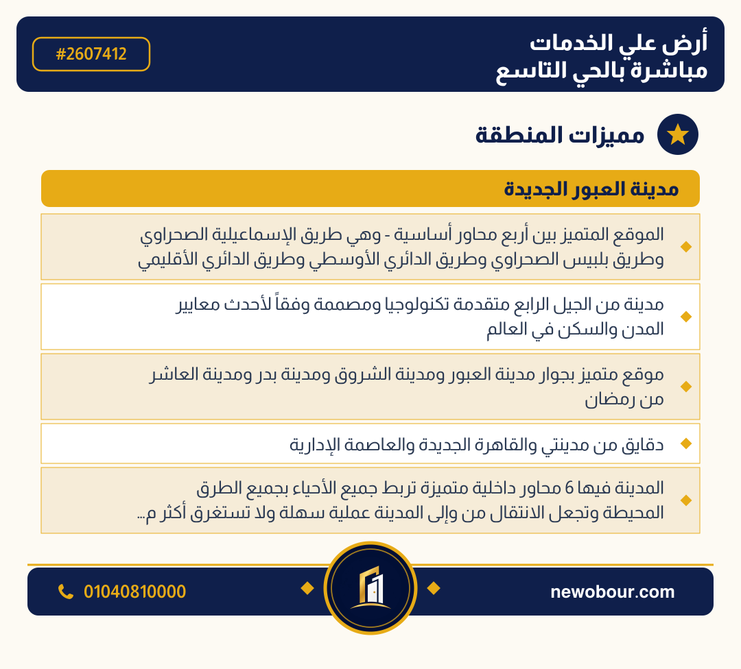 أرض - تم التخصيص عمارة سكني — مدينة العبور الجديدة، الحي التاسع، مجاورة 2 — مميزات المنطقة — 3