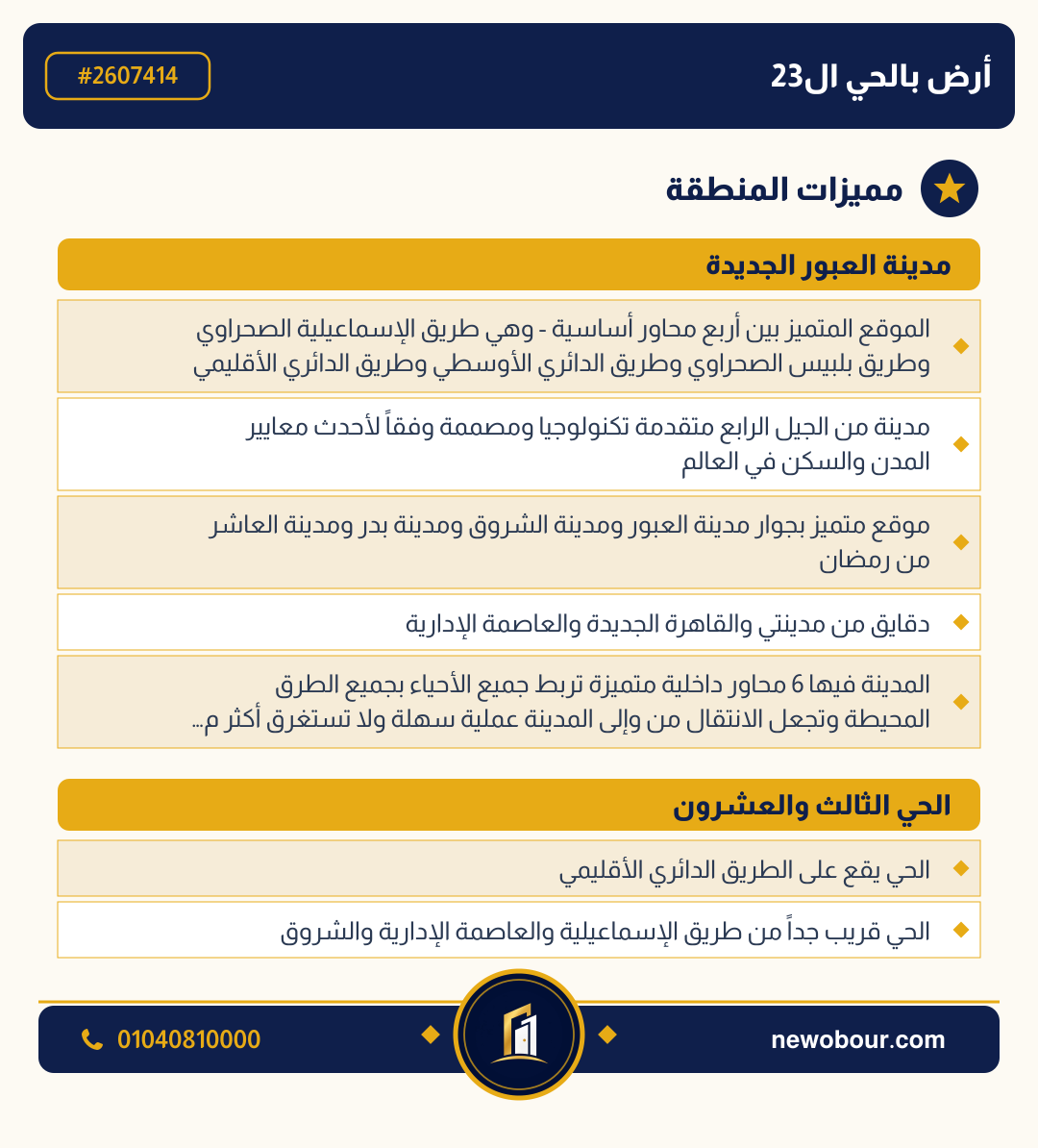 أرض - تم التخصيص عمارة سكني — مدينة العبور الجديدة، الحي الثالث والعشرون، مجاورة 5 — مميزات المنطقة — 3