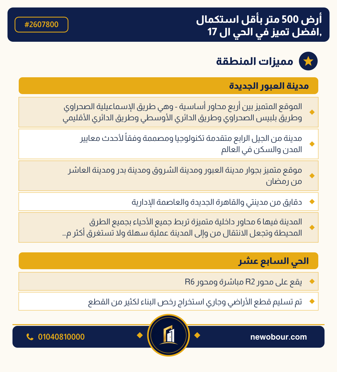 أرض - تم التخصيص عمارة سكني — مدينة العبور الجديدة، الحي السابع عشر، مجاورة 3 — مميزات المنطقة — 3