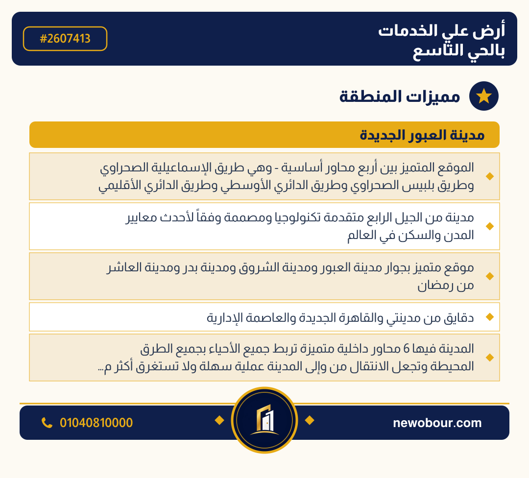 أرض - تم التخصيص عمارة سكني — مدينة العبور الجديدة، الحي التاسع، مجاورة 2 — مميزات المنطقة — 3
