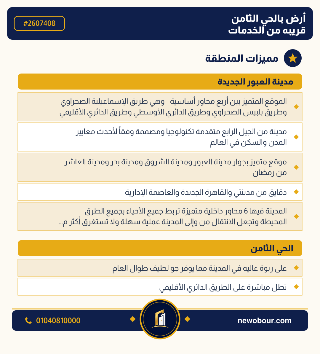 أرض - تم التخصيص عمارة سكني — مدينة العبور الجديدة، الحي الثامن، مجاورة 6 — مميزات المنطقة — 3